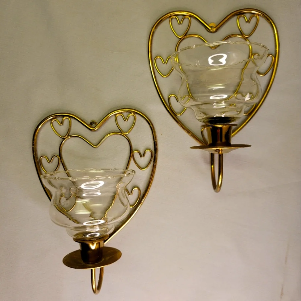 2 Vtg Candle Holders Wall Mount Heart Shaped Brass Clear Glass Shades